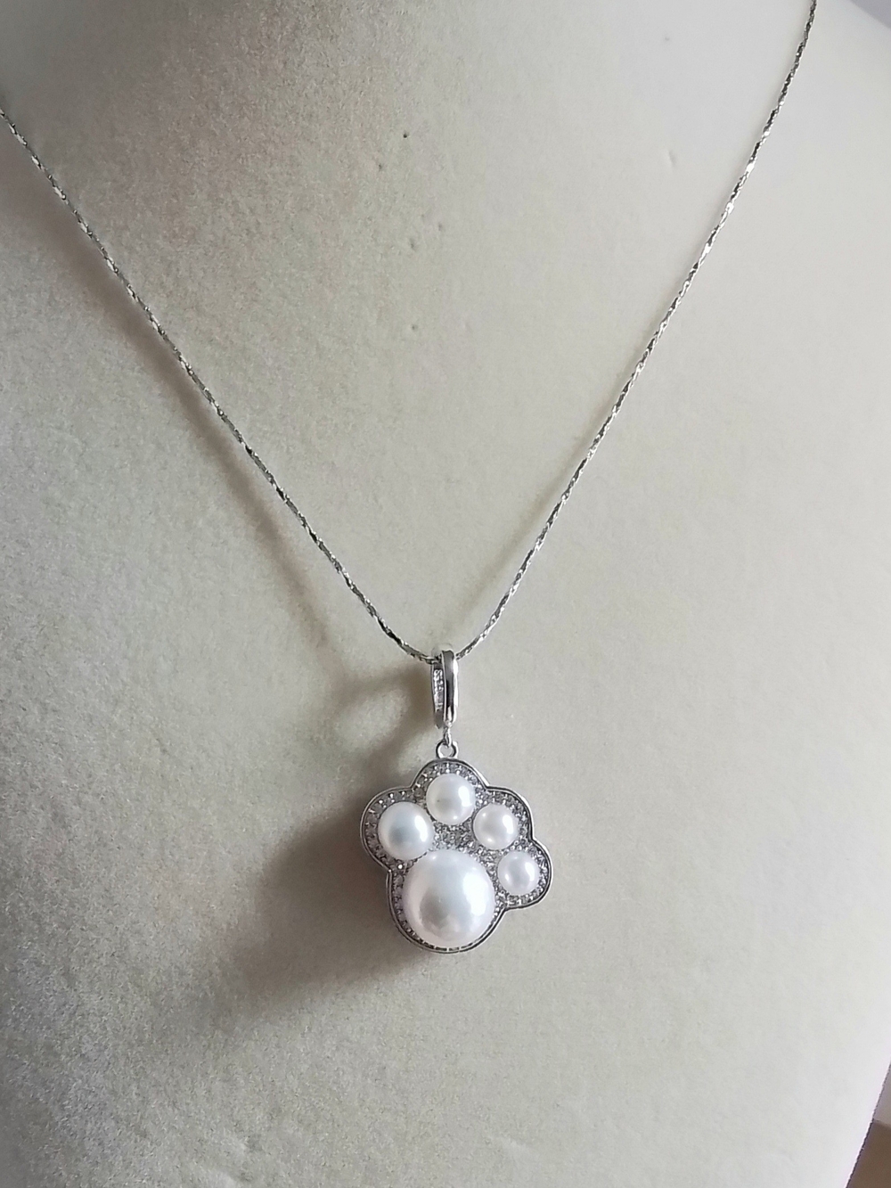 Silver Pearl Paw Pendant Necklace - White Pearls
